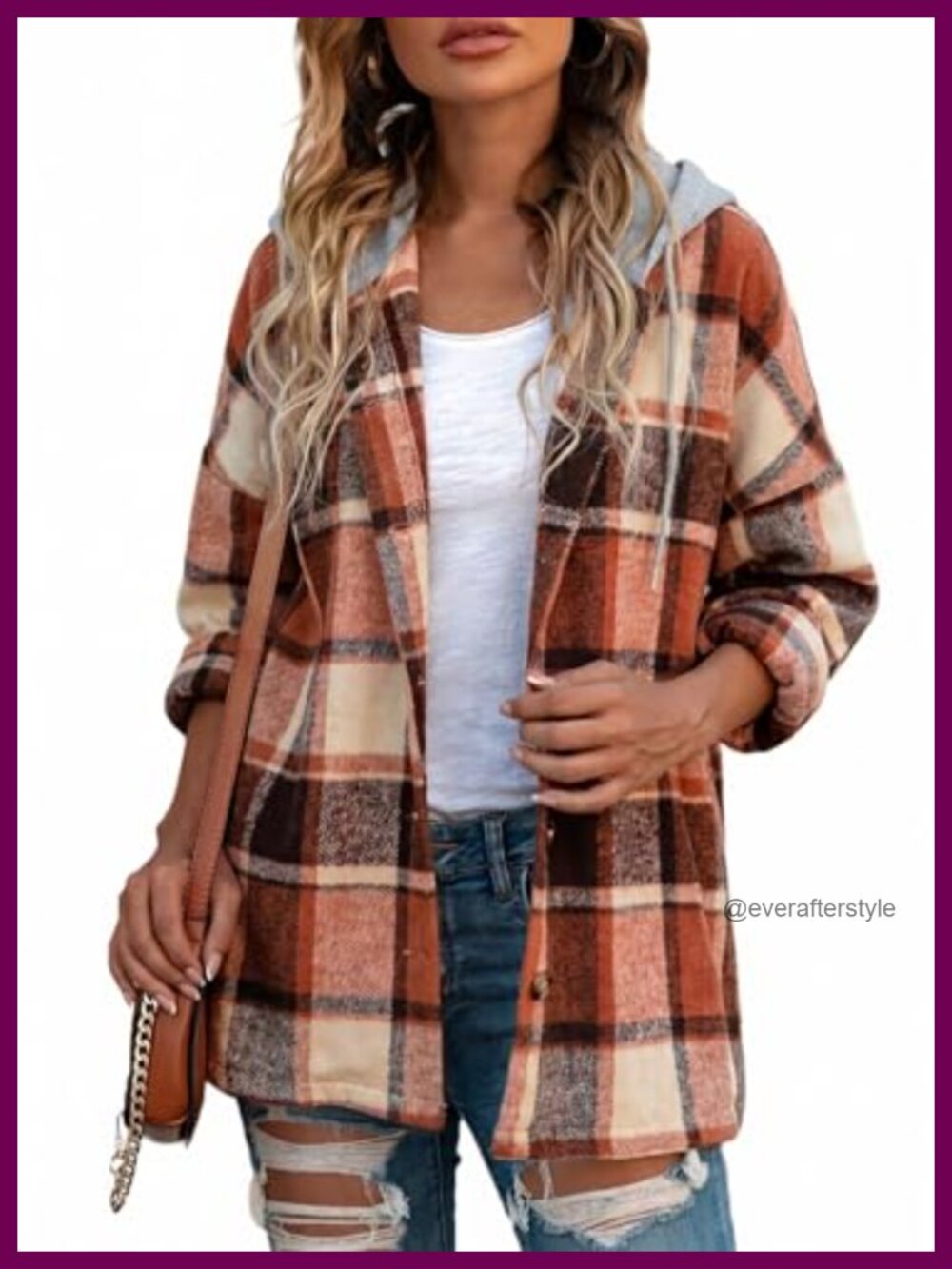 SHEWIN Women Hooded Plaid Button Shacket Flannel Casual Jacket